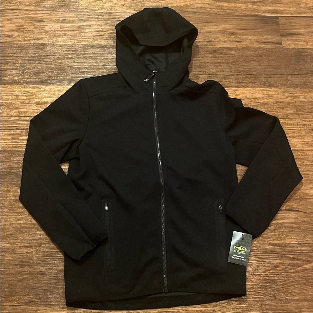 Black Hooded Lower Face Mask Zip Up Jacket W/ Zip Pockets & Inside Pockets NWT